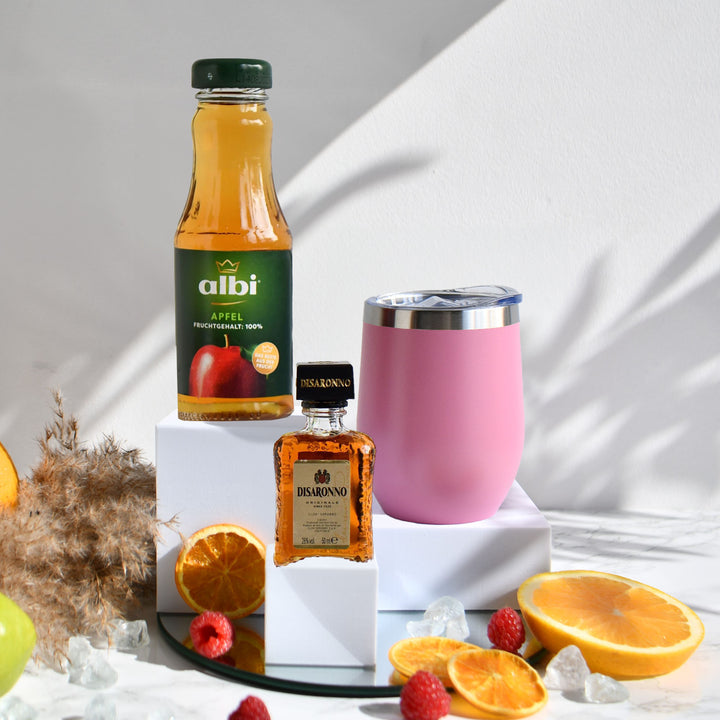 Geschenk-Set mit Becher + Wunschgravur inkl. Amaretto Disarrono + Mischgetränk