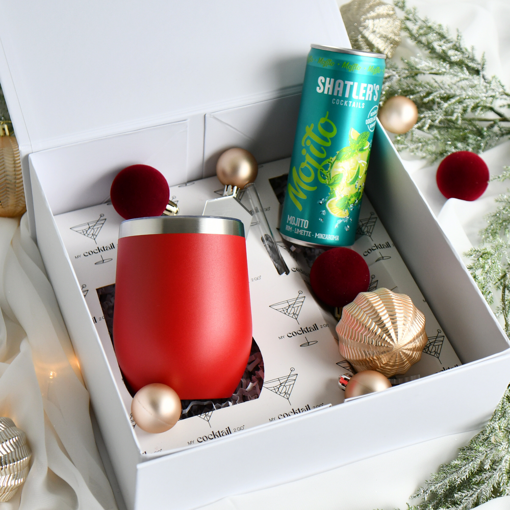 Geschenkset mit rotem personalisiertem Edelstahlbecher und Shatlers Mojito