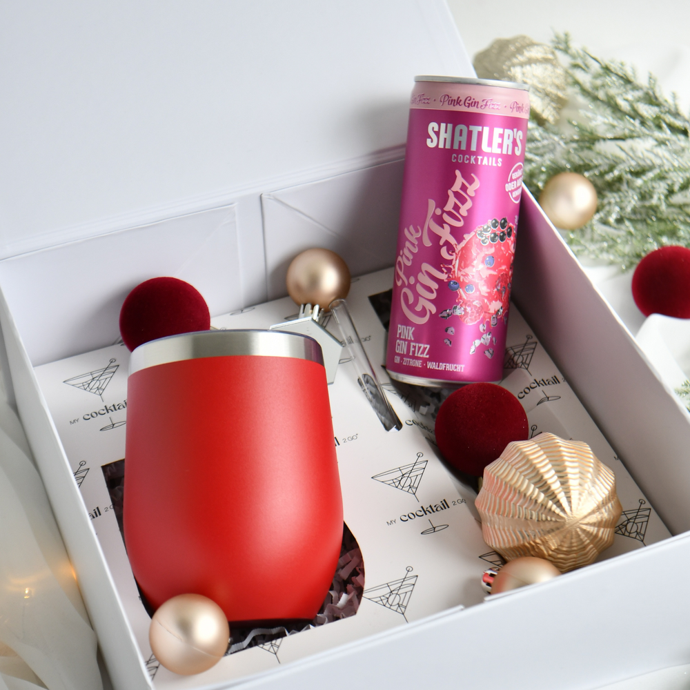 Geschenkset mit rotem personalisiertem Edelstahlbecher und Shatlers Pink Gin Fizz