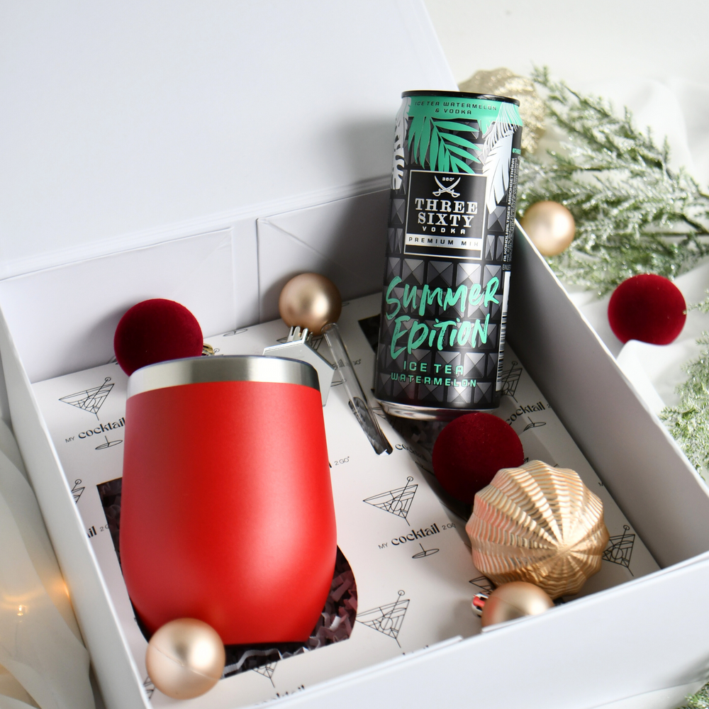 Geschenkset mit rotem personalisiertem Edelstahlbecher und Three Sixty Vodka Summer Edition Ice Tea Watermelon 