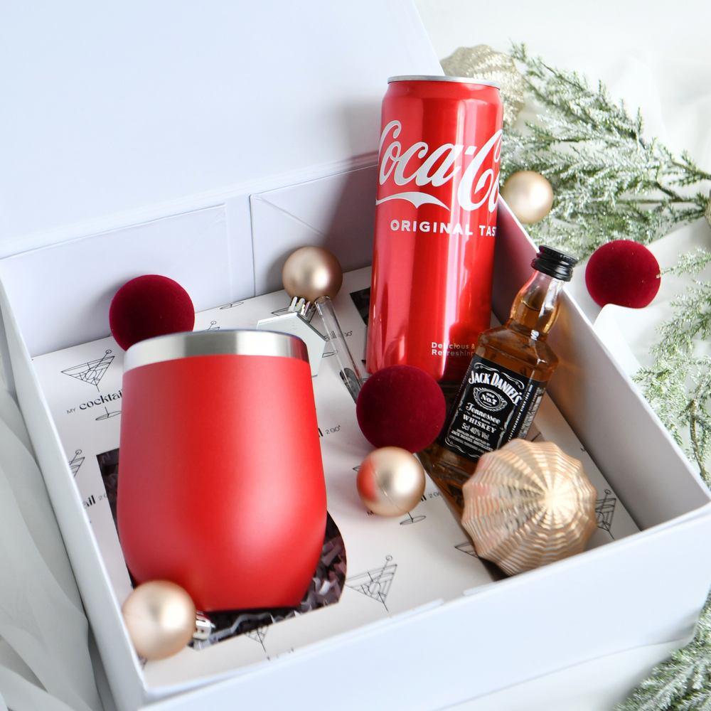Geschenkset mit rotem personalisiertem Edelstahlbecher und Jack Daniel's Whiskey und Mischgetränk