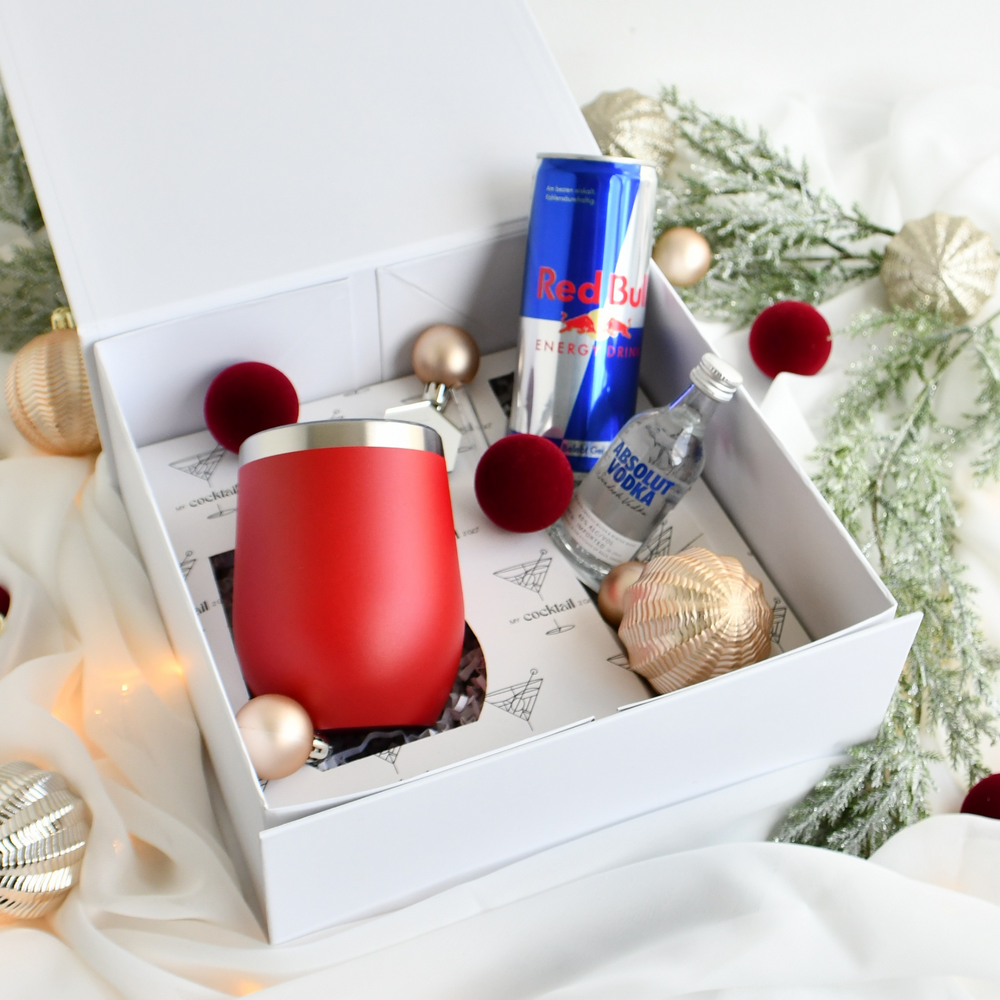 Geschenkset mit rotem personalisiertem Edelstahlbecher und Absolut Vodka 0.02L mit Softdrink mit Mischgetränk deiner Wahl