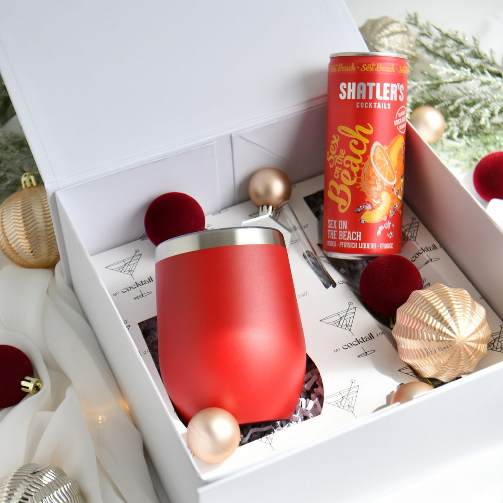 Geschenkset mit rotem personalisiertem Edelstahlbecher und Shatlers Sex on the Beach