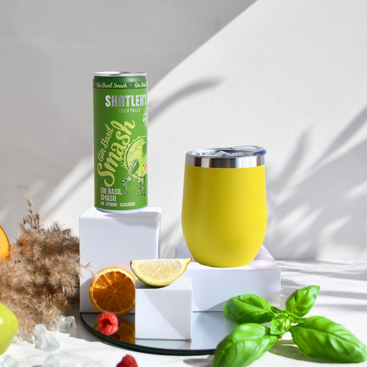 Geschenk-Set mit Becher + Wunschgravur inkl. Shatlers Gin Basil Smash