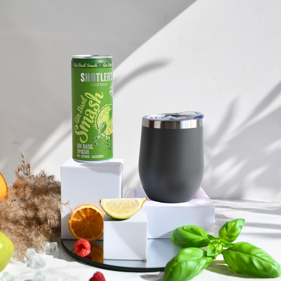 Geschenk-Set mit Becher + Wunschgravur inkl. Shatlers Gin Basil Smash