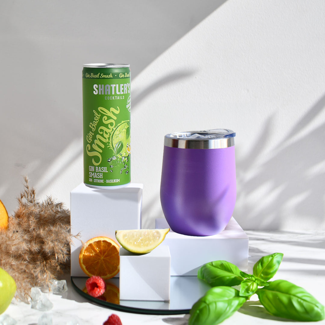 Geschenk-Set mit Becher + Wunschgravur inkl. Shatlers Gin Basil Smash