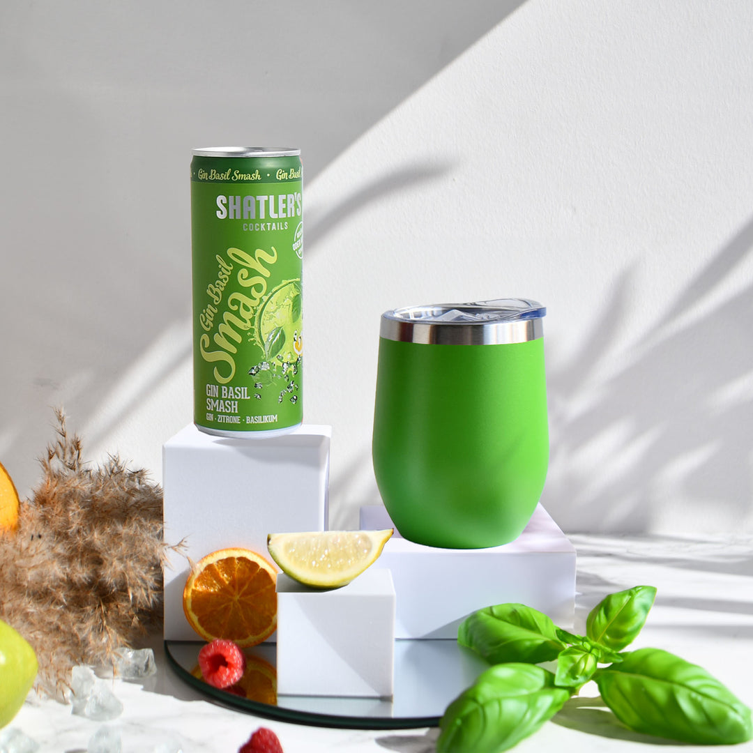 Geschenk-Set mit Becher + Wunschgravur inkl. Shatlers Gin Basil Smash