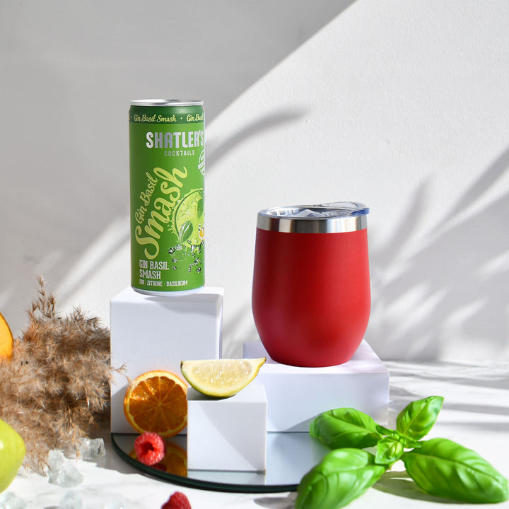 Geschenk-Set mit Becher + Wunschgravur inkl. Shatlers Gin Basil Smash