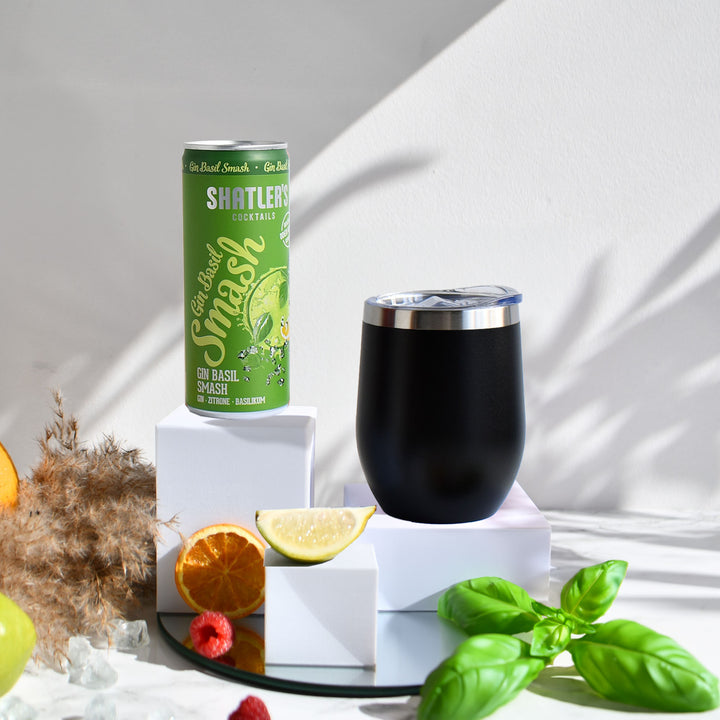 Geschenk-Set mit Becher + Wunschgravur inkl. Shatlers Gin Basil Smash