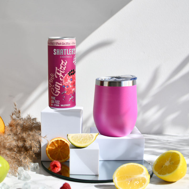 Geschenk-Set mit Becher + Wunschgravur inkl. Shatlers Pink Gin Fizz