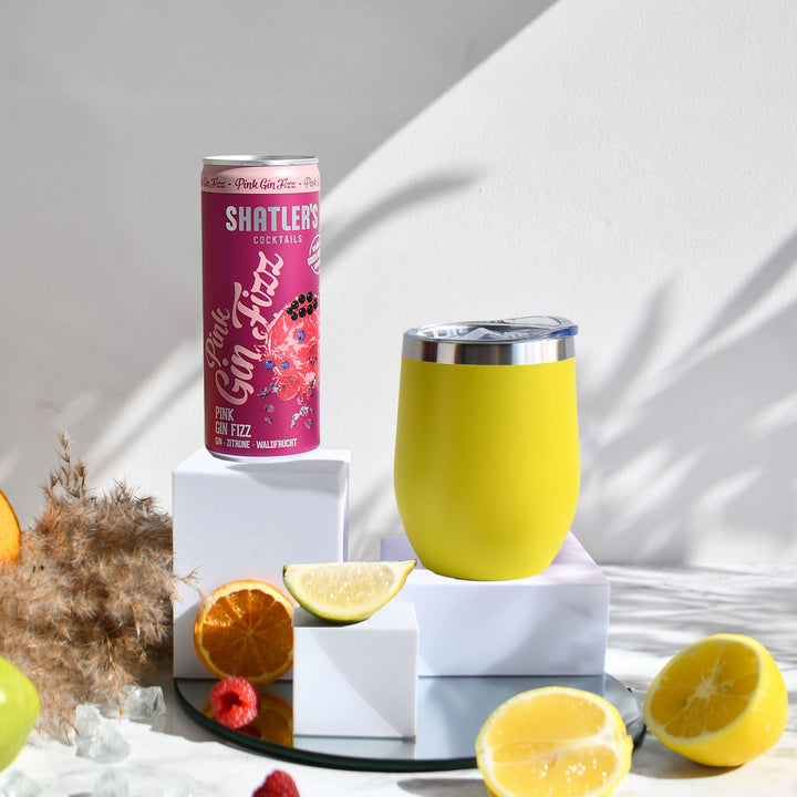 Geschenk-Set mit Becher + Wunschgravur inkl. Shatlers Pink Gin Fizz