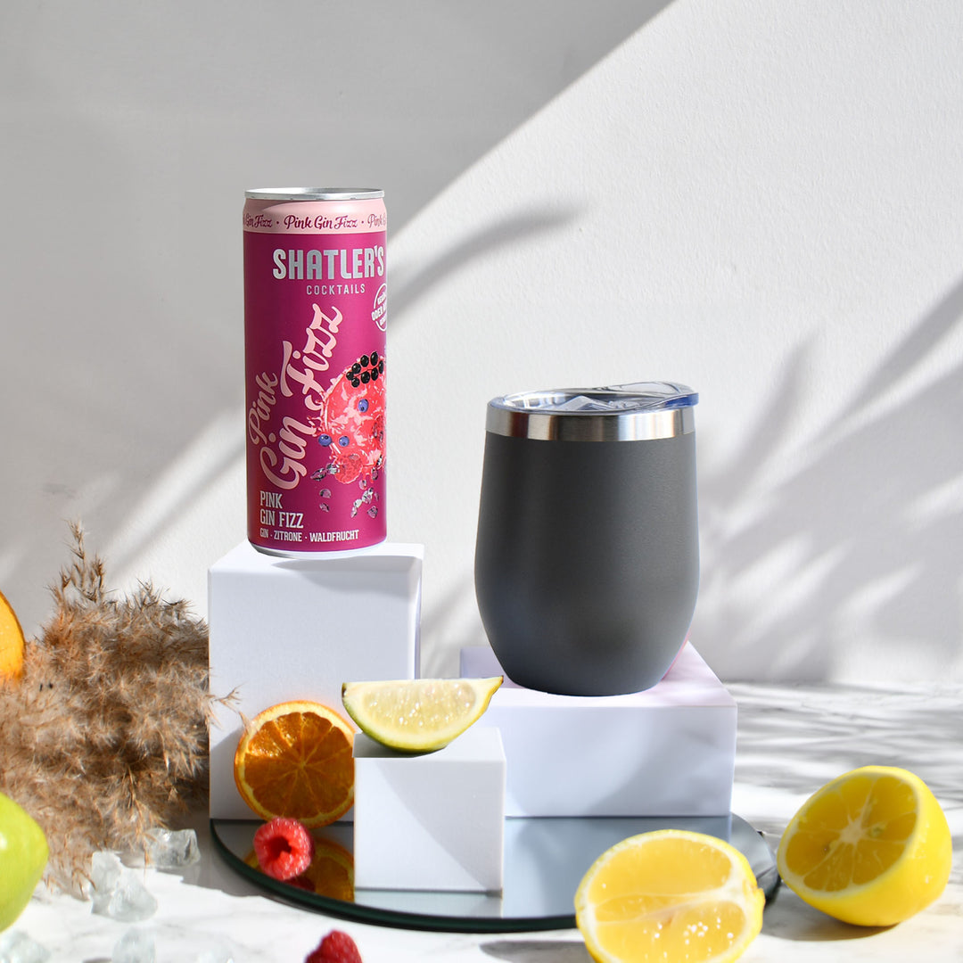 Geschenk-Set mit Becher + Wunschgravur inkl. Shatlers Pink Gin Fizz