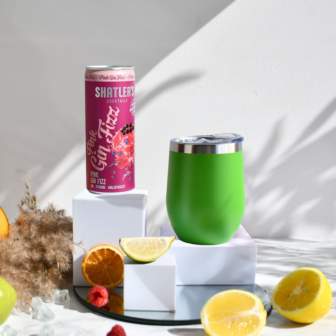 Geschenk-Set mit Becher + Wunschgravur inkl. Shatlers Pink Gin Fizz