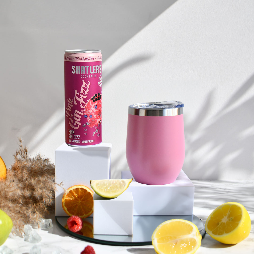 Geschenk-Set mit Becher + Wunschgravur inkl. Shatlers Pink Gin Fizz