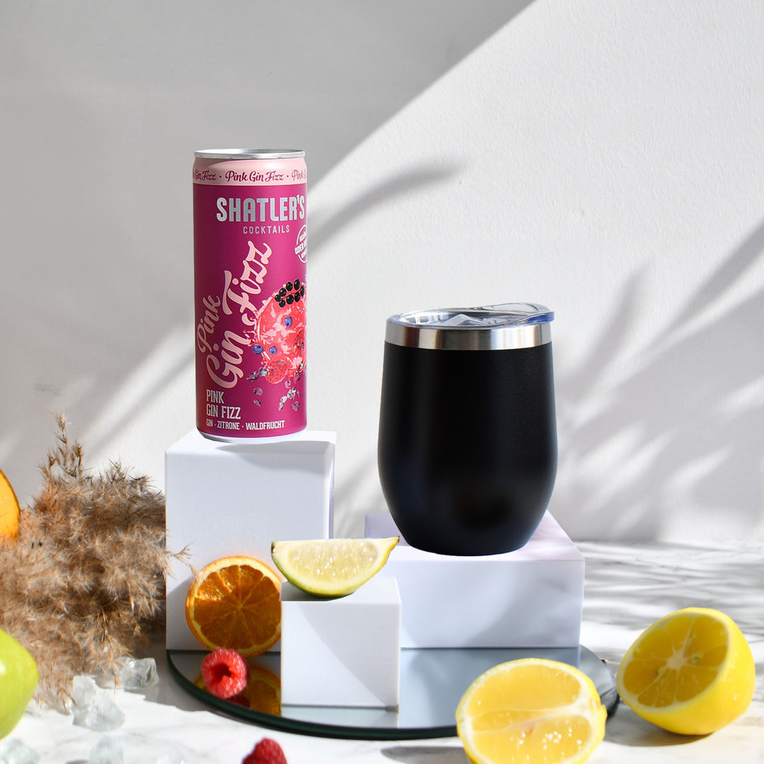 Geschenk-Set mit Becher + Wunschgravur inkl. Shatlers Pink Gin Fizz