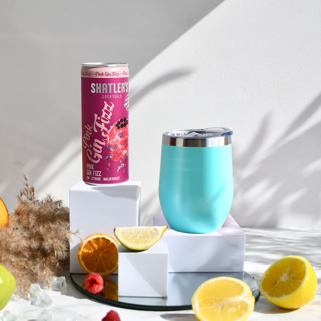 Geschenk-Set mit Becher + Wunschgravur inkl. Shatlers Pink Gin Fizz