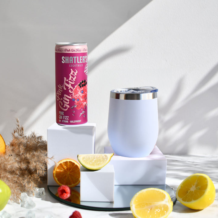 Geschenk-Set mit Becher + Wunschgravur inkl. Shatlers Pink Gin Fizz