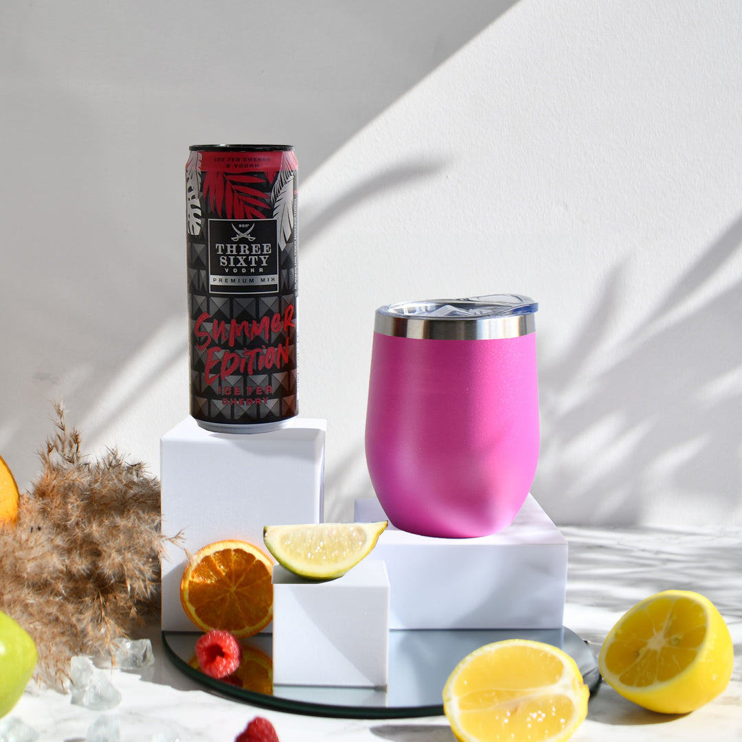 Geschenk-Set mit Becher + Wunschgravur inkl. THREE SIXTY Vodka Ice Tea Cherry