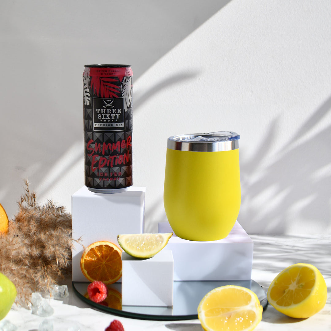 Geschenk-Set mit Becher + Wunschgravur inkl. THREE SIXTY Vodka Ice Tea Cherry