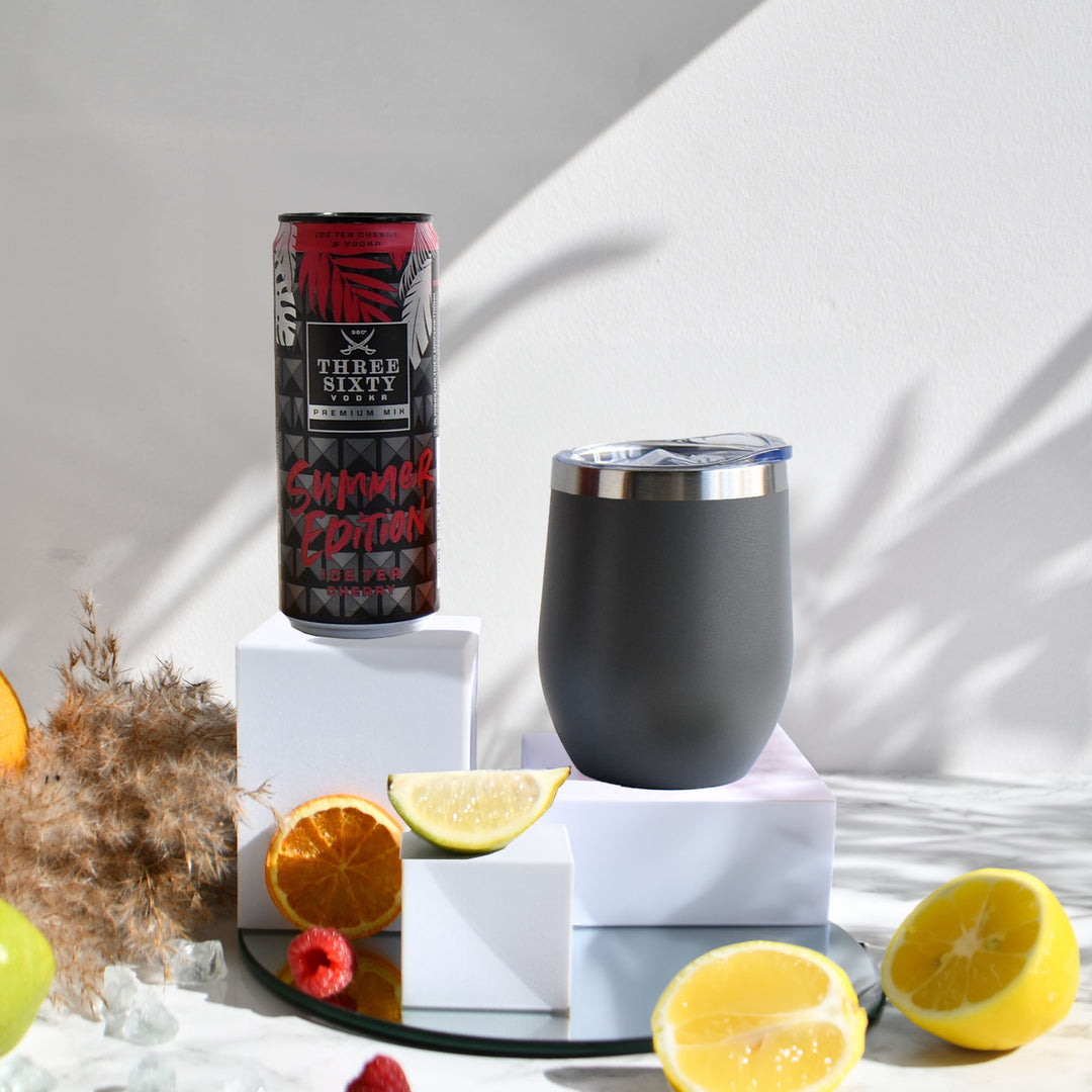 Geschenk-Set mit Becher + Wunschgravur inkl. THREE SIXTY Vodka Ice Tea Cherry