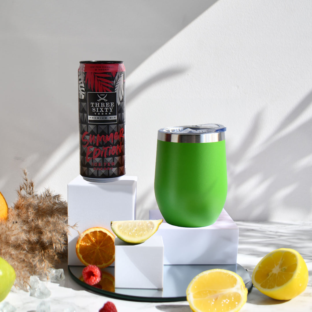 Geschenk-Set mit Becher + Wunschgravur inkl. THREE SIXTY Vodka Ice Tea Cherry
