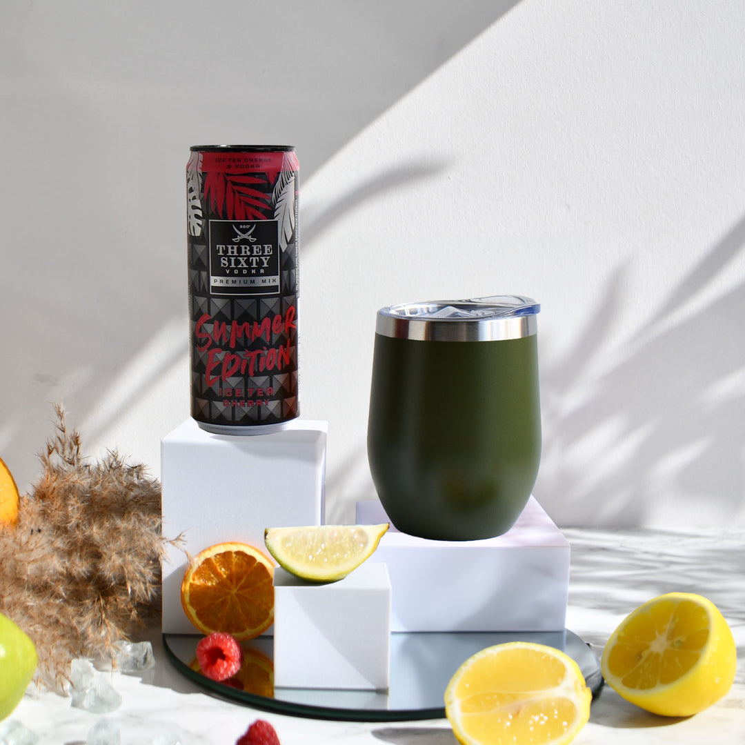 Geschenk-Set mit Becher + Wunschgravur inkl. THREE SIXTY Vodka Ice Tea Cherry