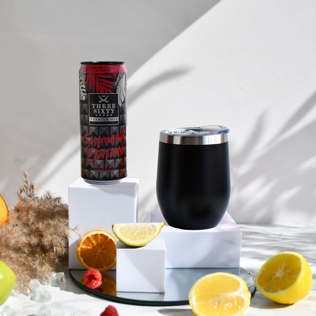 Geschenk-Set mit Becher + Wunschgravur inkl. THREE SIXTY Vodka Ice Tea Cherry