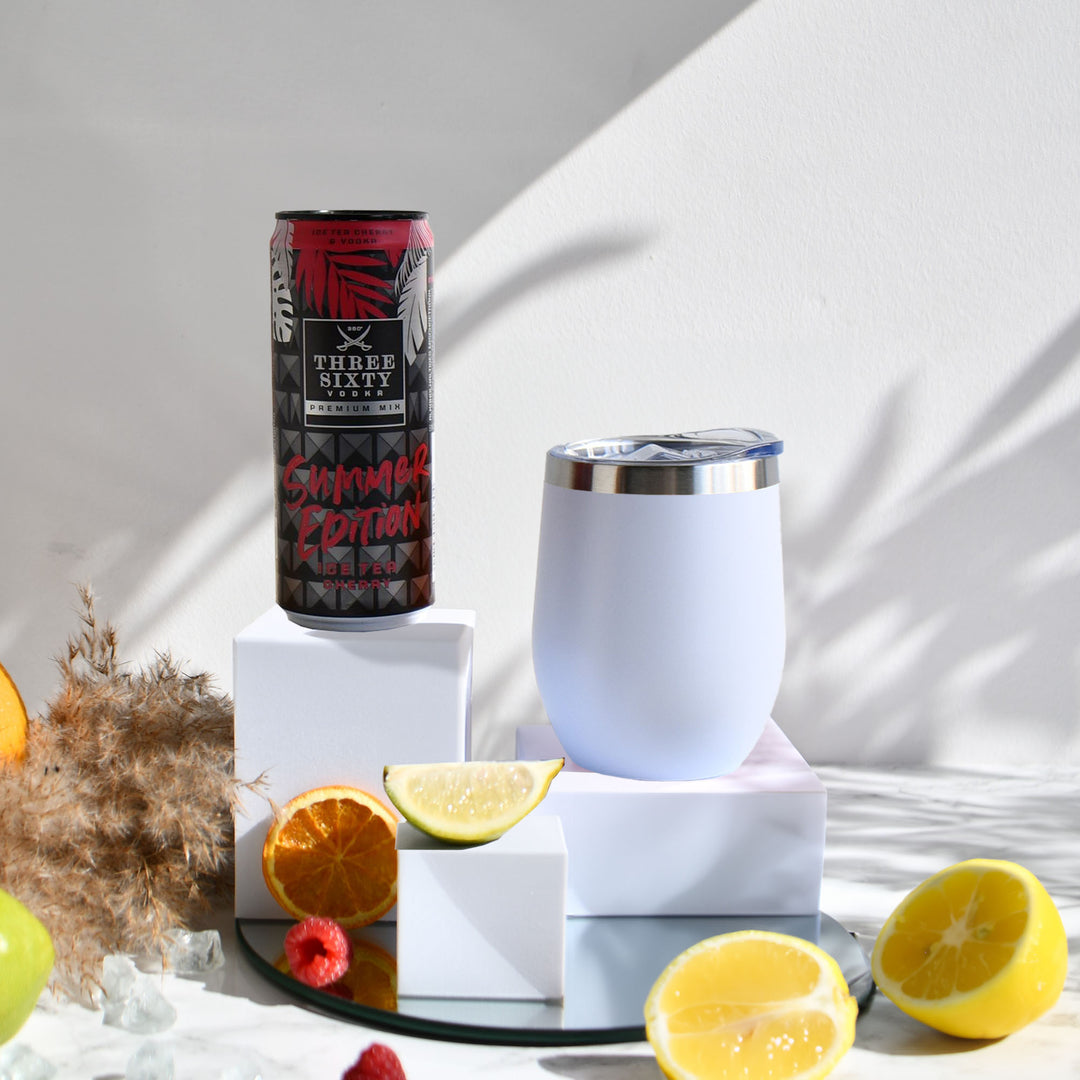 Geschenk-Set mit Becher + Wunschgravur inkl. THREE SIXTY Vodka Ice Tea Cherry