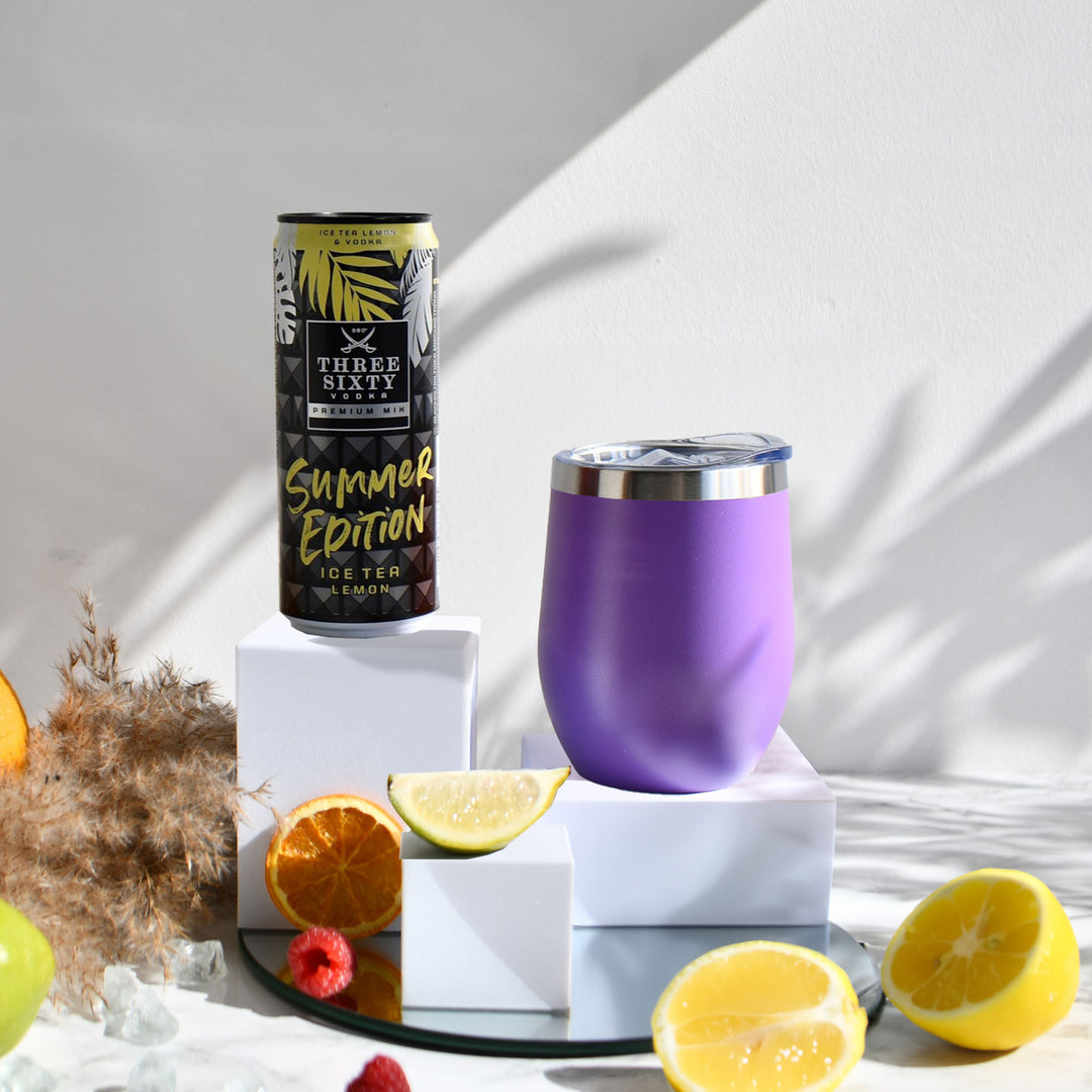 Geschenk-Set mit Becher + Wunschgravur inkl. THREE SIXTY Vodka Ice Tea Lemon