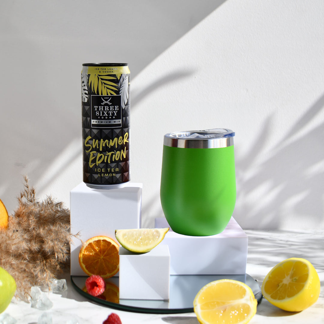 Geschenk-Set mit Becher + Wunschgravur inkl. THREE SIXTY Vodka Ice Tea Lemon