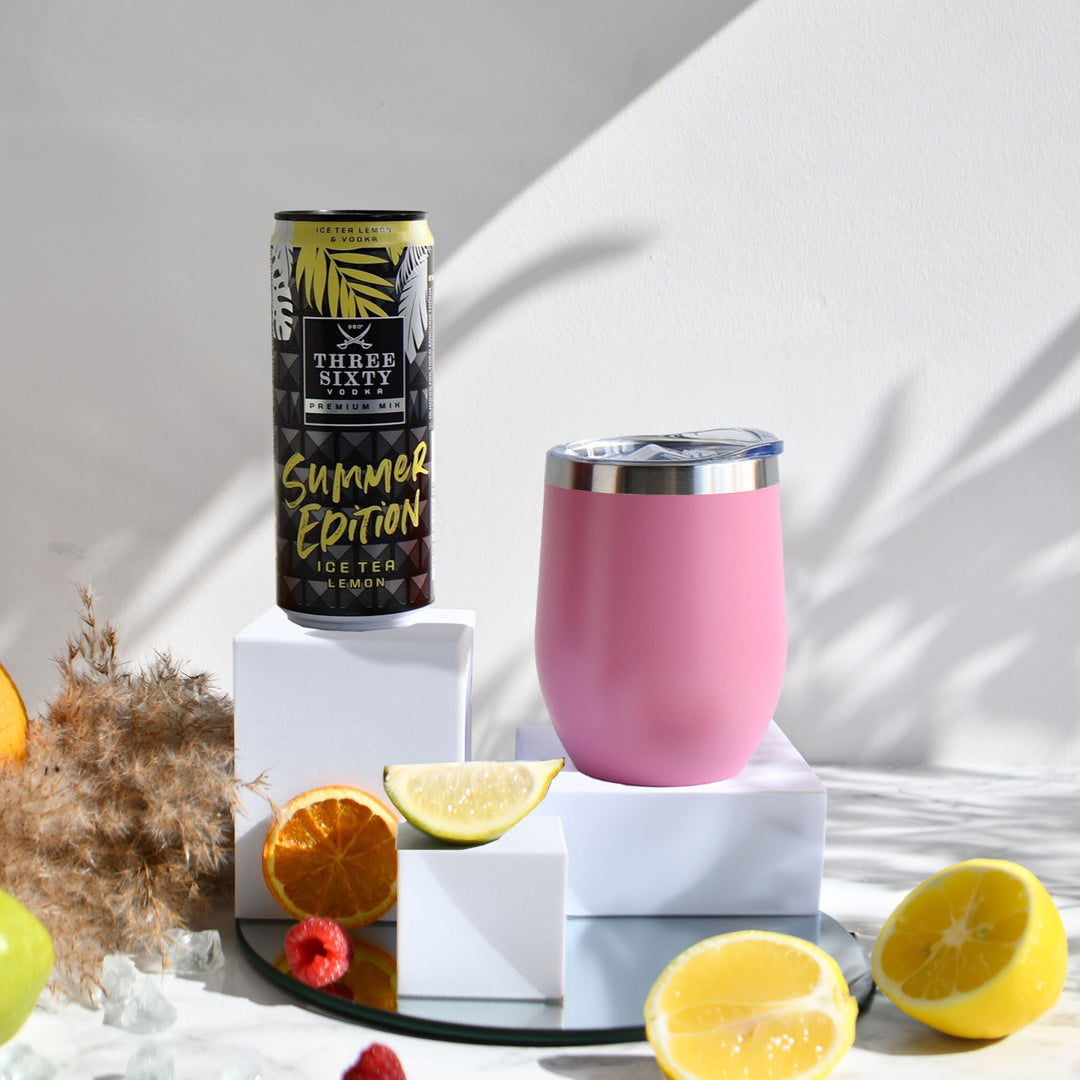 Geschenk-Set mit Becher + Wunschgravur inkl. THREE SIXTY Vodka Ice Tea Lemon