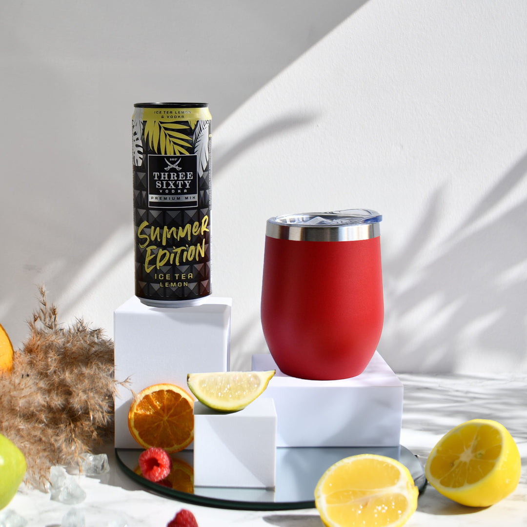 Geschenk-Set mit Becher + Wunschgravur inkl. THREE SIXTY Vodka Ice Tea Lemon