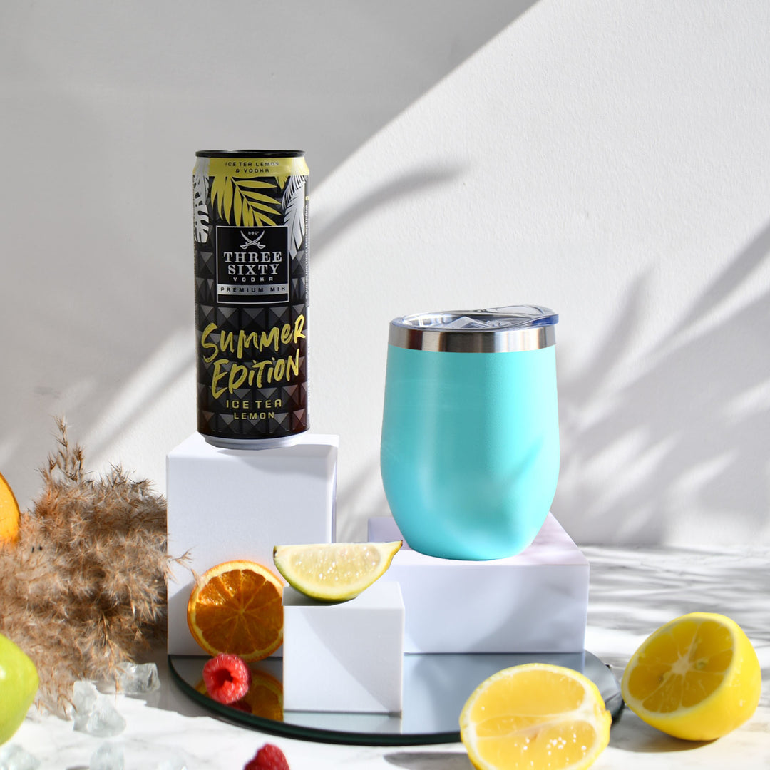 Geschenk-Set mit Becher + Wunschgravur inkl. THREE SIXTY Vodka Ice Tea Lemon